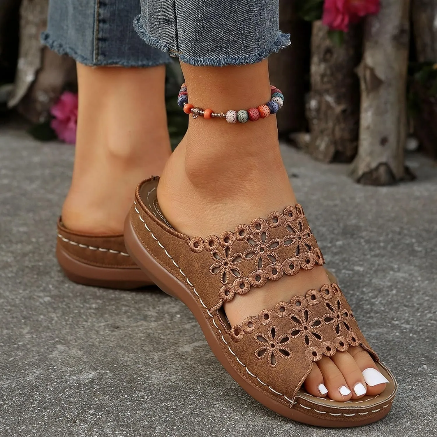 Platform Wedge Sandals Dressy for Women Trendy Floral Spring 2024 Summer Cutout Slip On Sexy Summer 2024 Western Y2K, 7