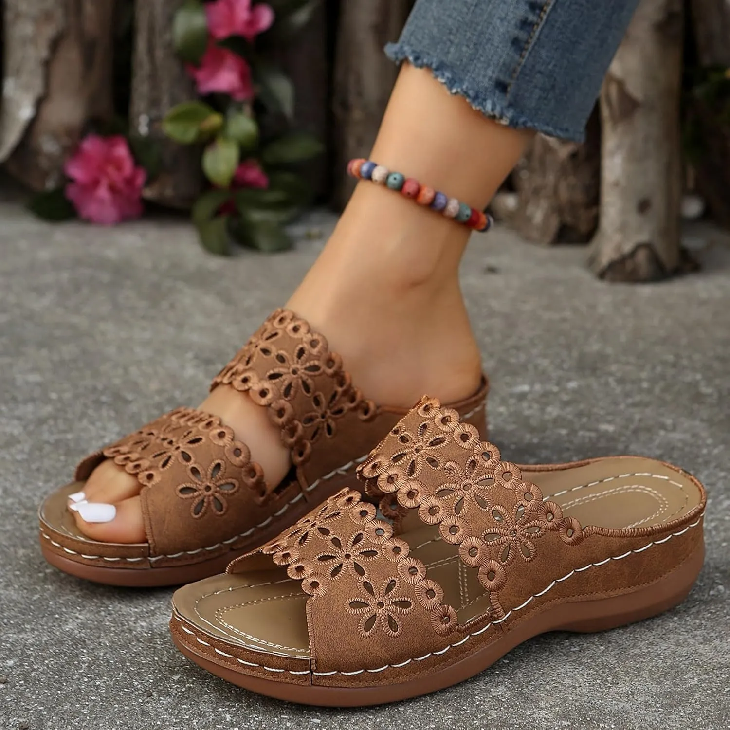 Platform Wedge Sandals Dressy for Women Trendy Floral Spring 2024 Summer Cutout Slip On Sexy Summer 2024 Western Y2K, 7