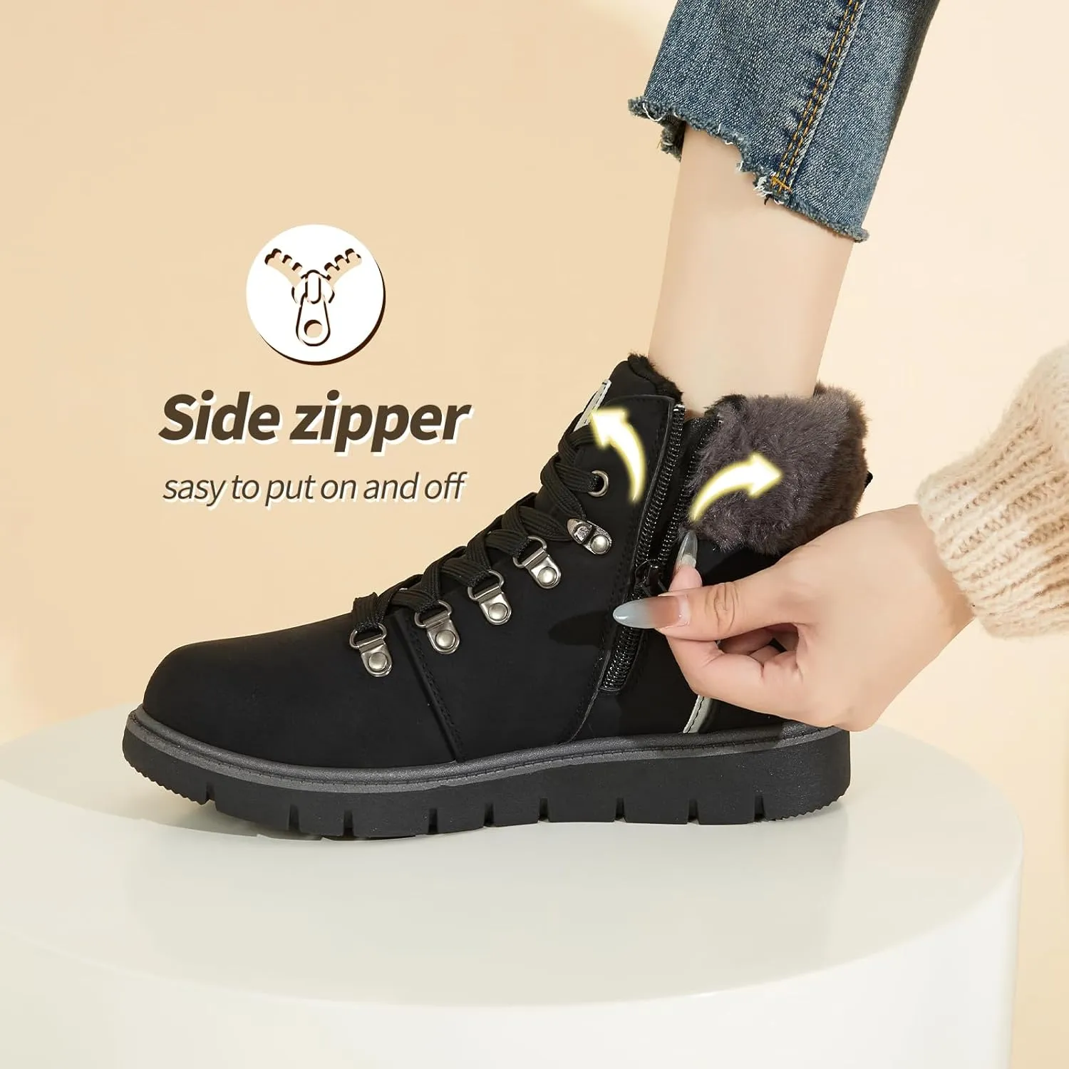 POVOGER Women’s Black Combat Boots Warm Fur Lined Winter Snow Boots for Women Lace Up Side Zipper Mid-Calf Fashion Booties