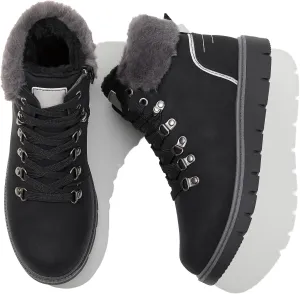 POVOGER Women’s Black Combat Boots Warm Fur Lined Winter Snow Boots for Women Lace Up Side Zipper Mid-Calf Fashion Booties