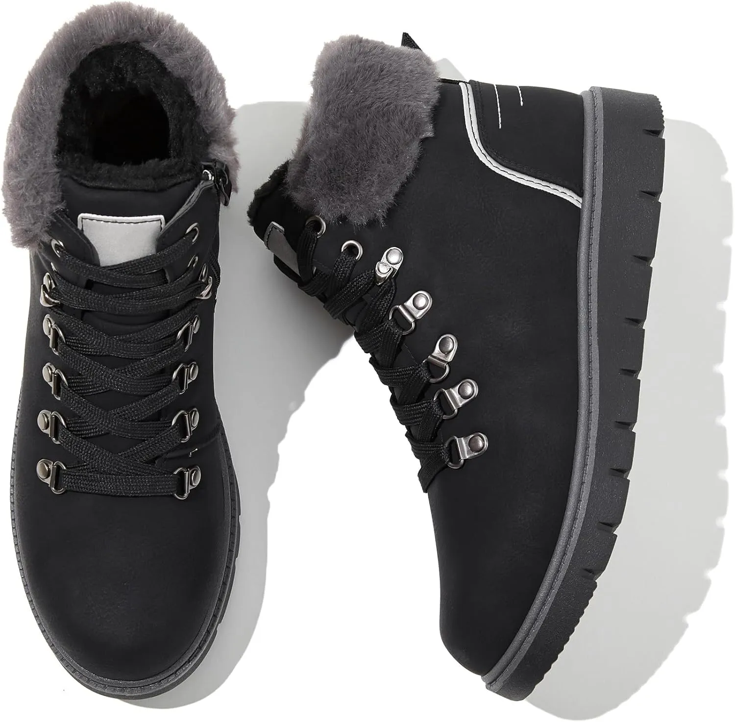 POVOGER Women’s Black Combat Boots Warm Fur Lined Winter Snow Boots for Women Lace Up Side Zipper Mid-Calf Fashion Booties
