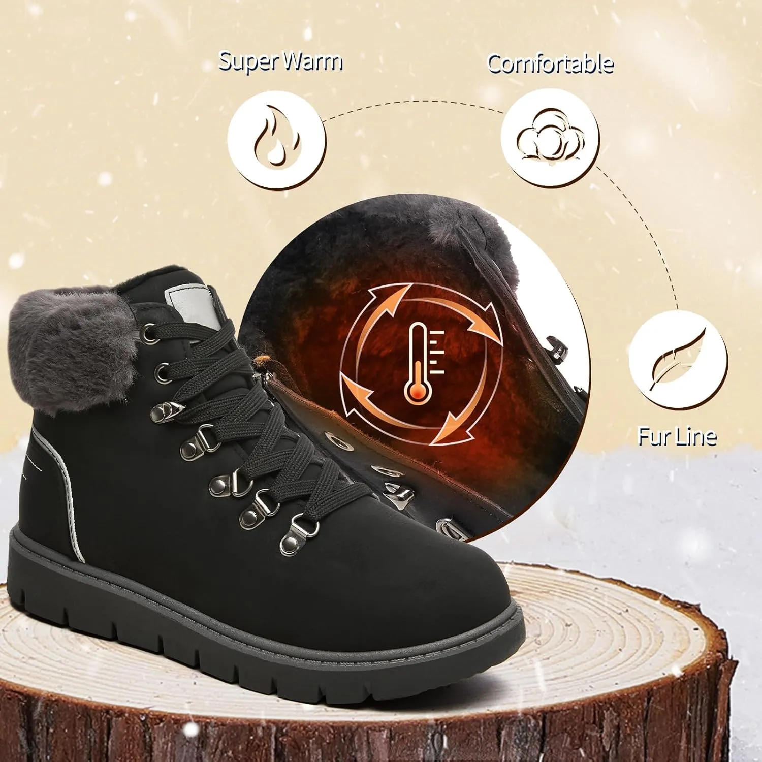 POVOGER Women’s Black Combat Boots Warm Fur Lined Winter Snow Boots for Women Lace Up Side Zipper Mid-Calf Fashion Booties