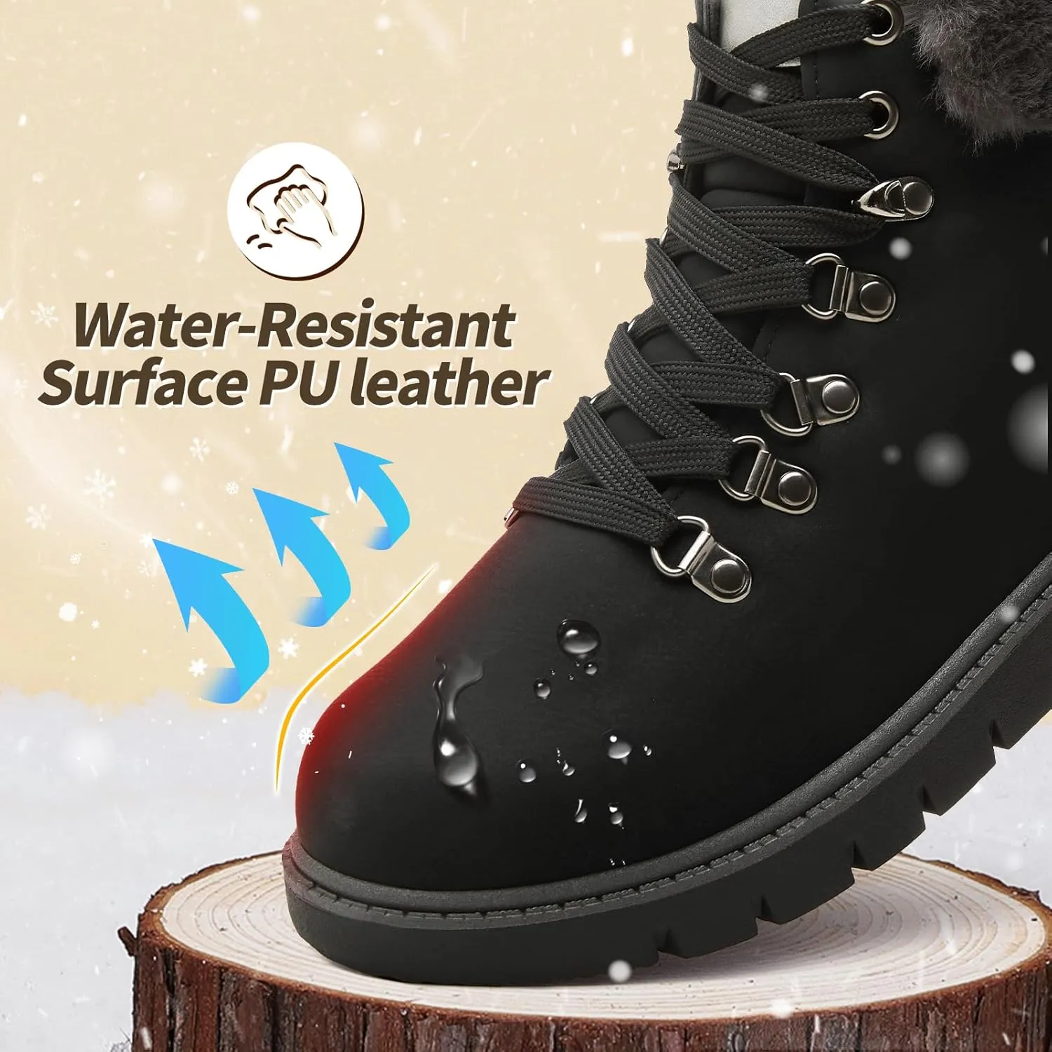 POVOGER Women’s Black Combat Boots Warm Fur Lined Winter Snow Boots for Women Lace Up Side Zipper Mid-Calf Fashion Booties