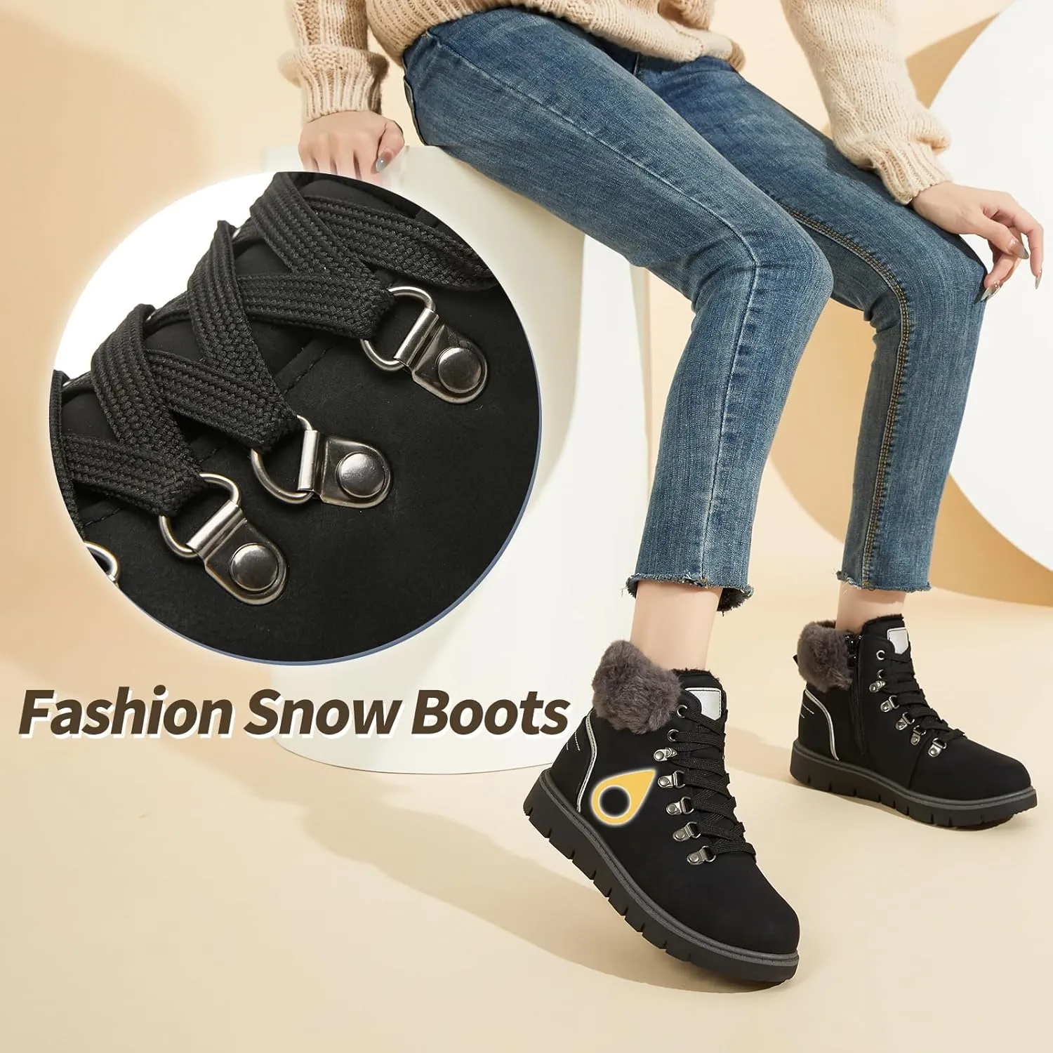 POVOGER Women’s Black Combat Boots Warm Fur Lined Winter Snow Boots for Women Lace Up Side Zipper Mid-Calf Fashion Booties
