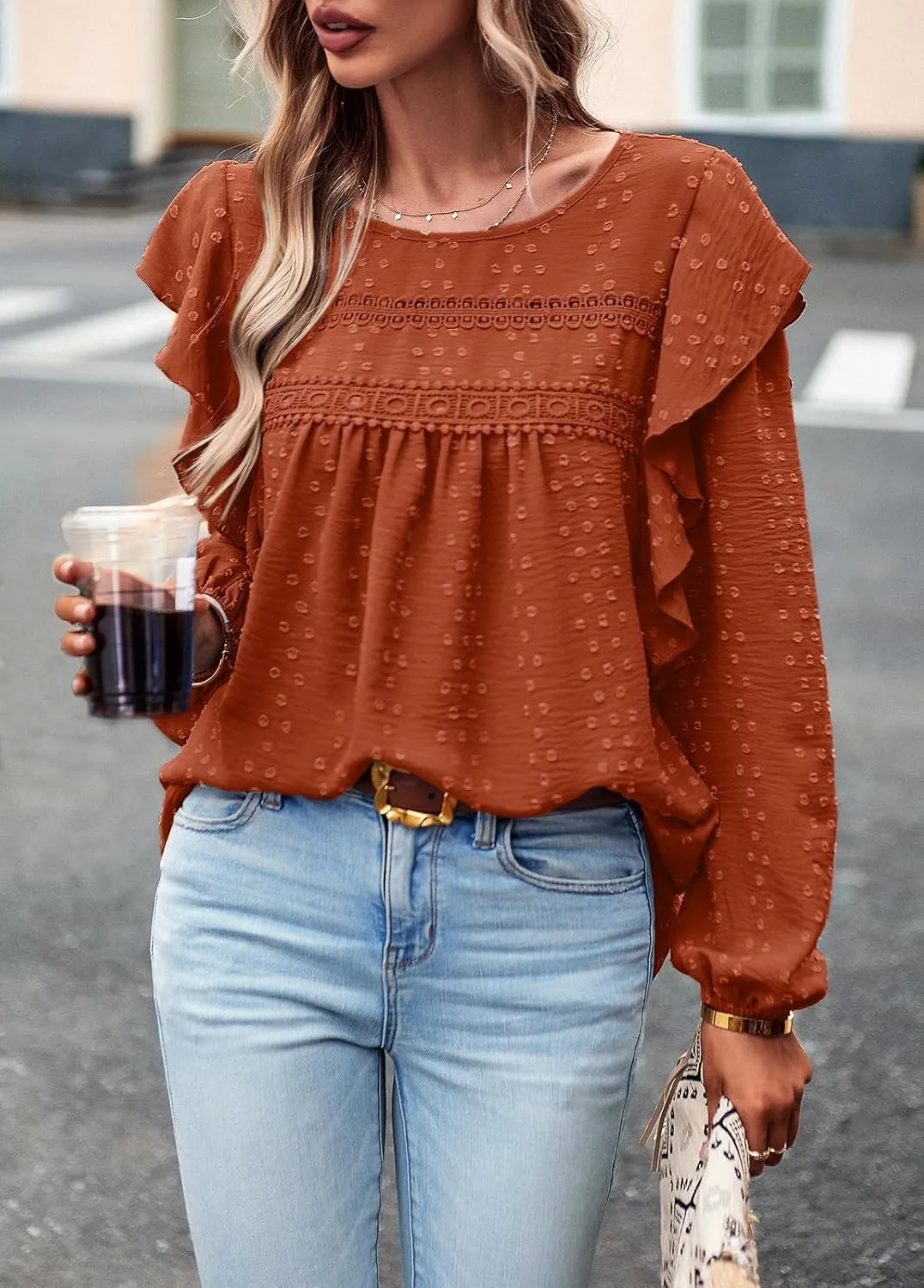 PRETTYGARDEN Women's Long Sleeve Blouses Ruffle Swiss Dot Crochet Loose Fit 2025 Spring Fall Tunic Dressy Casual Tops