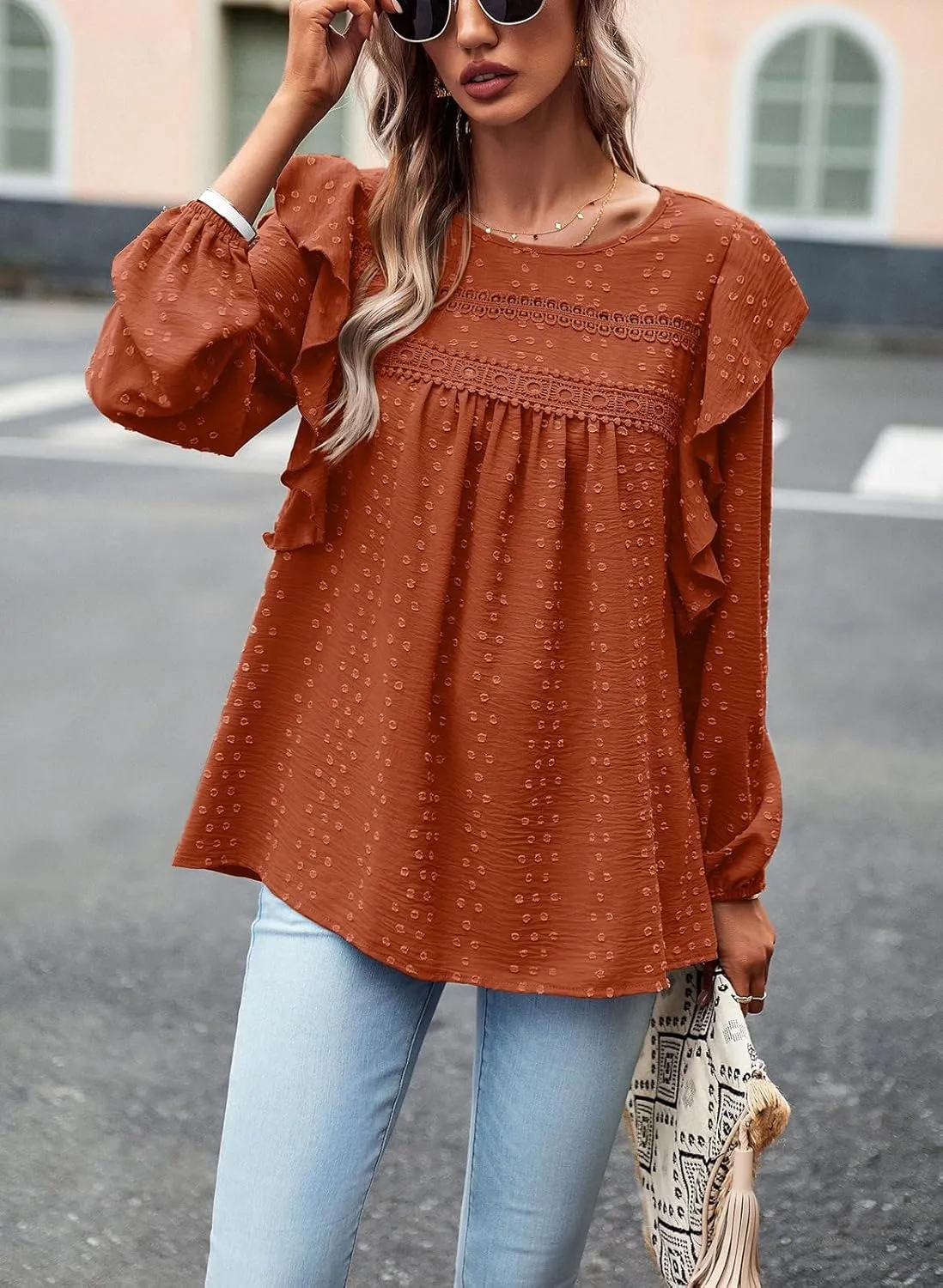 PRETTYGARDEN Women's Long Sleeve Blouses Ruffle Swiss Dot Crochet Loose Fit 2025 Spring Fall Tunic Dressy Casual Tops