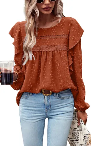 PRETTYGARDEN Women's Long Sleeve Blouses Ruffle Swiss Dot Crochet Loose Fit 2025 Spring Fall Tunic Dressy Casual Tops