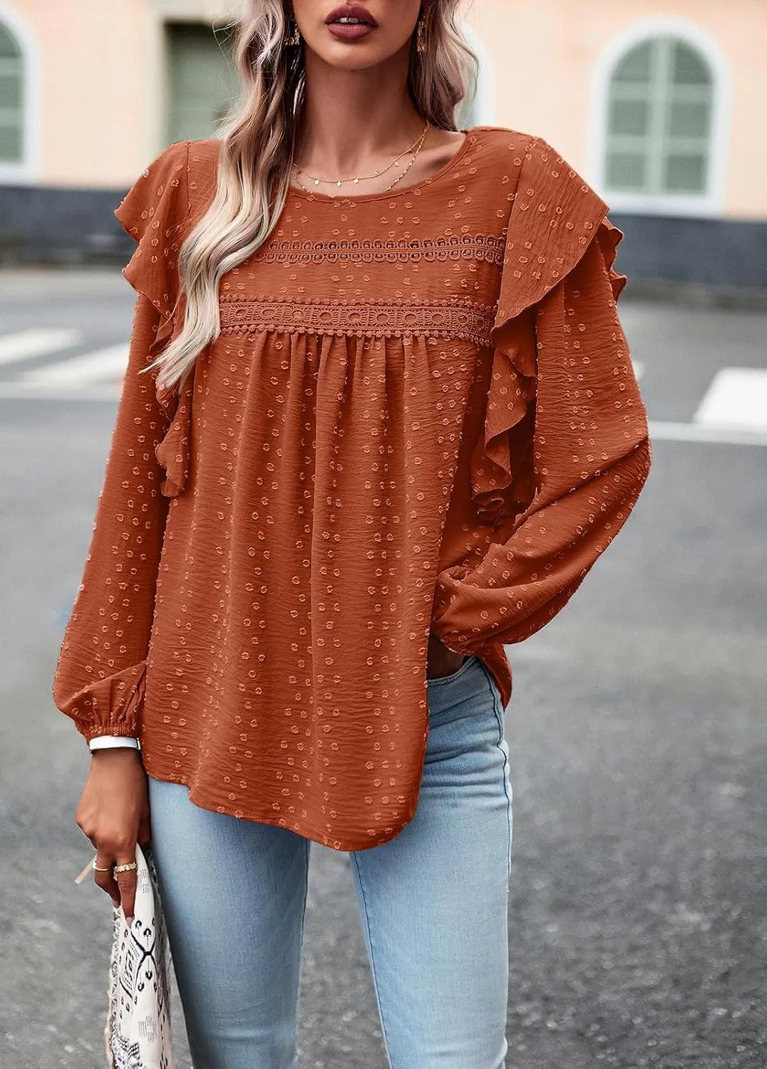 PRETTYGARDEN Women's Long Sleeve Blouses Ruffle Swiss Dot Crochet Loose Fit 2025 Spring Fall Tunic Dressy Casual Tops
