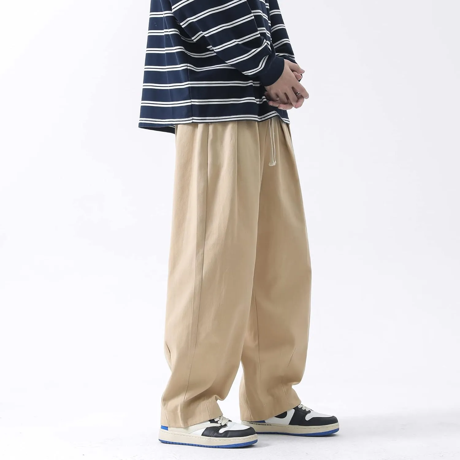 PRIJOUHE Men's Baggy Cargo Pants Casual Loose Fit Wide Leg Pants with Elastic Drawstring Waist