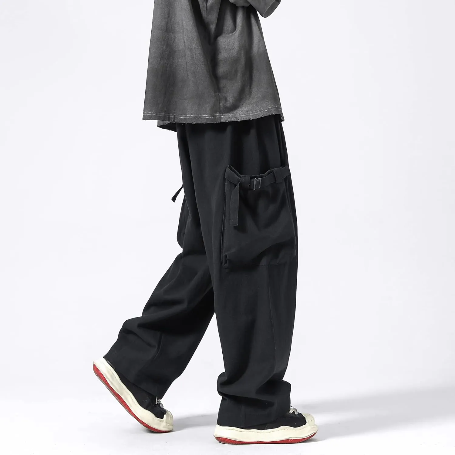 PRIJOUHE Men's Baggy Cargo Pants Casual Loose Fit Wide Leg Pants with Elastic Drawstring Waist