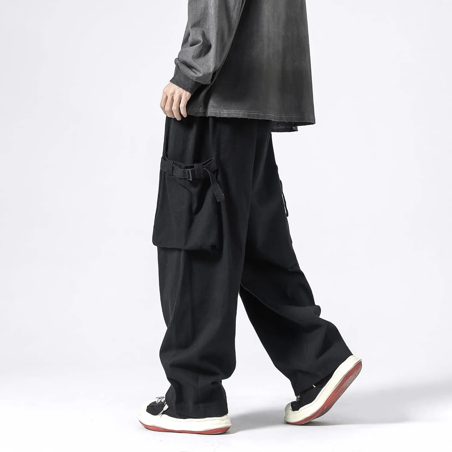 PRIJOUHE Men's Baggy Cargo Pants Casual Loose Fit Wide Leg Pants with Elastic Drawstring Waist