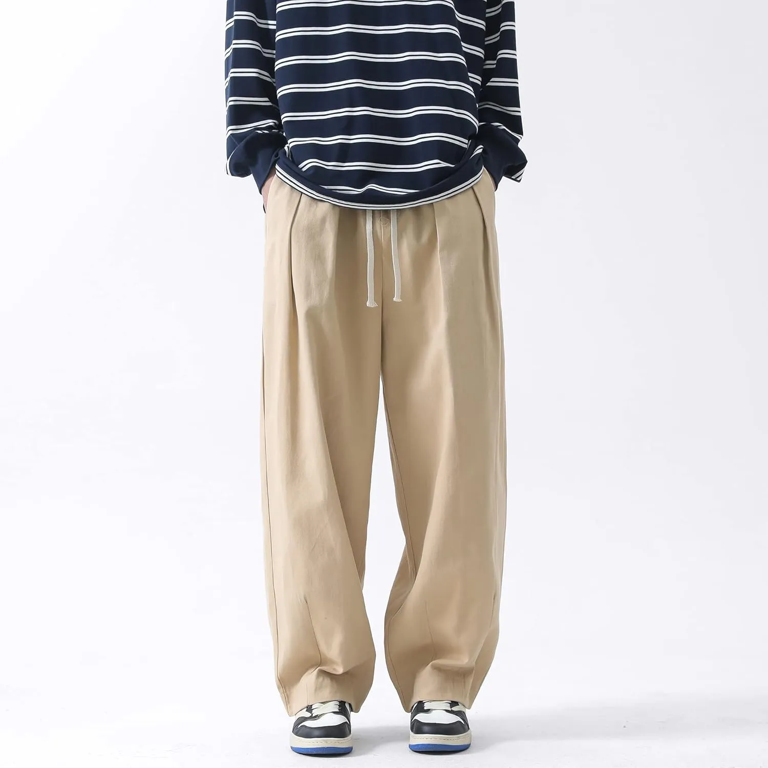 PRIJOUHE Men's Baggy Cargo Pants Casual Loose Fit Wide Leg Pants with Elastic Drawstring Waist