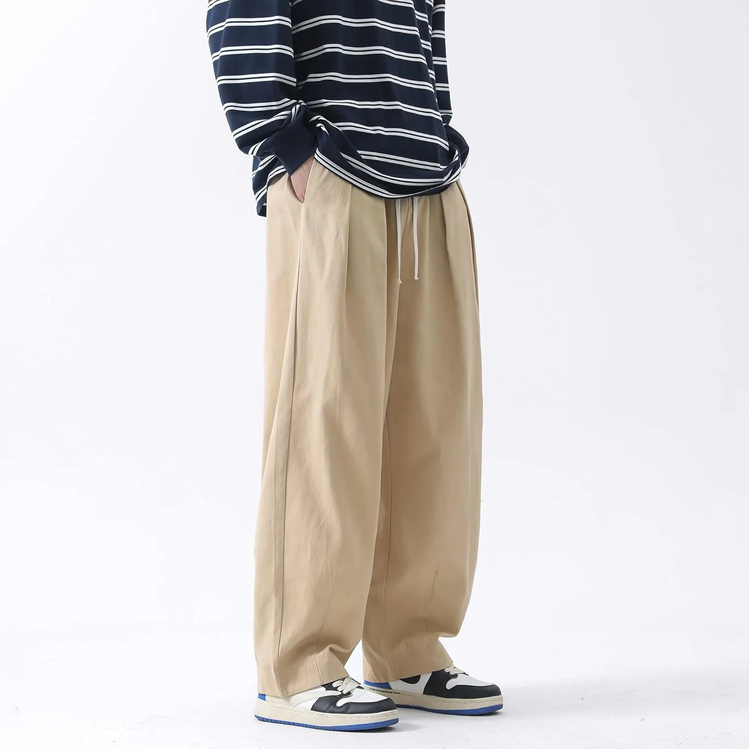 PRIJOUHE Men's Baggy Cargo Pants Casual Loose Fit Wide Leg Pants with Elastic Drawstring Waist