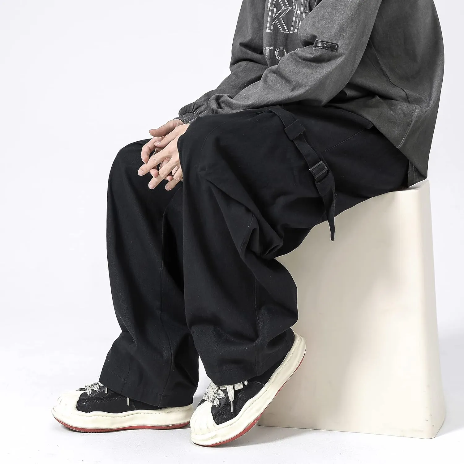 PRIJOUHE Men's Baggy Cargo Pants Casual Loose Fit Wide Leg Pants with Elastic Drawstring Waist