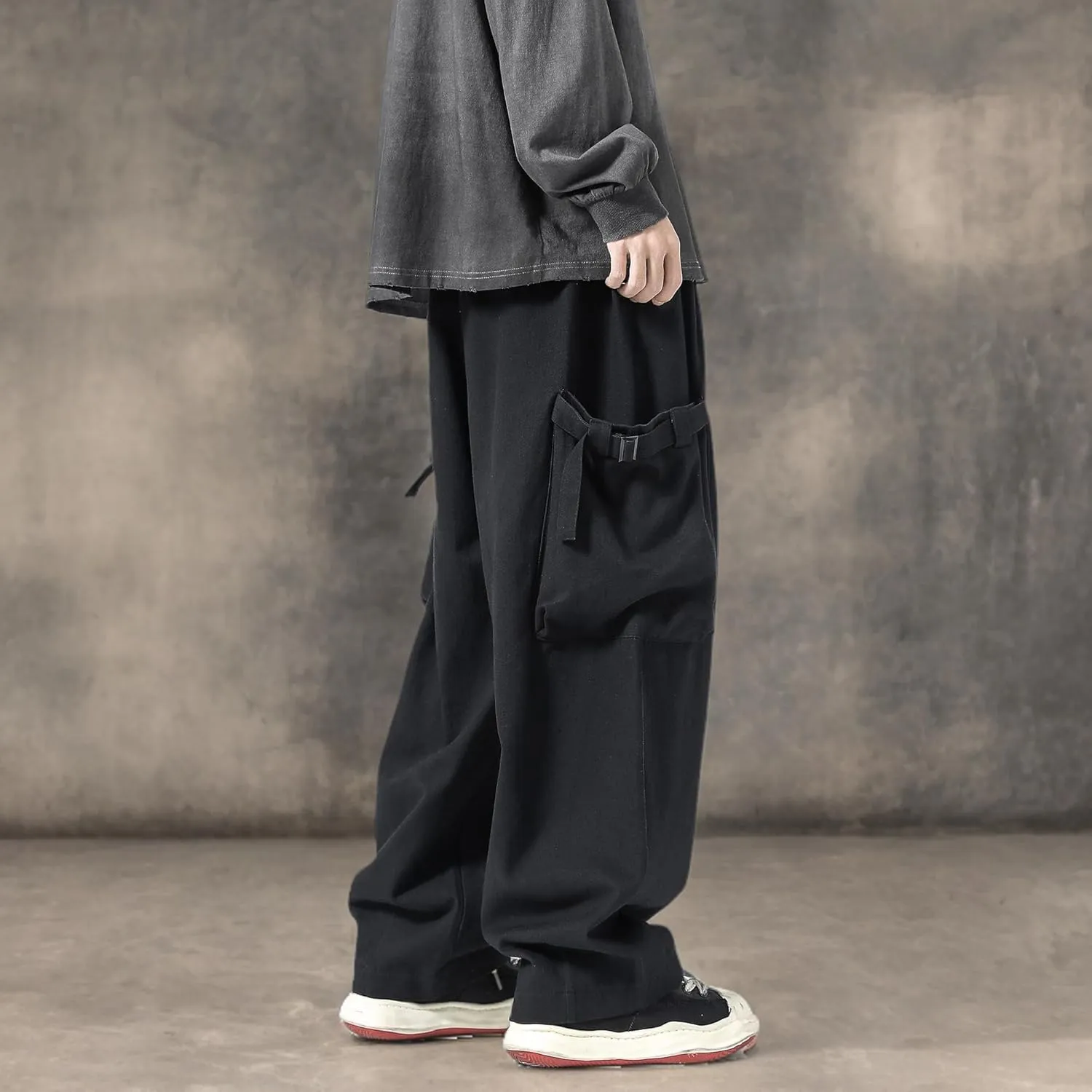 PRIJOUHE Men's Baggy Cargo Pants Casual Loose Fit Wide Leg Pants with Elastic Drawstring Waist