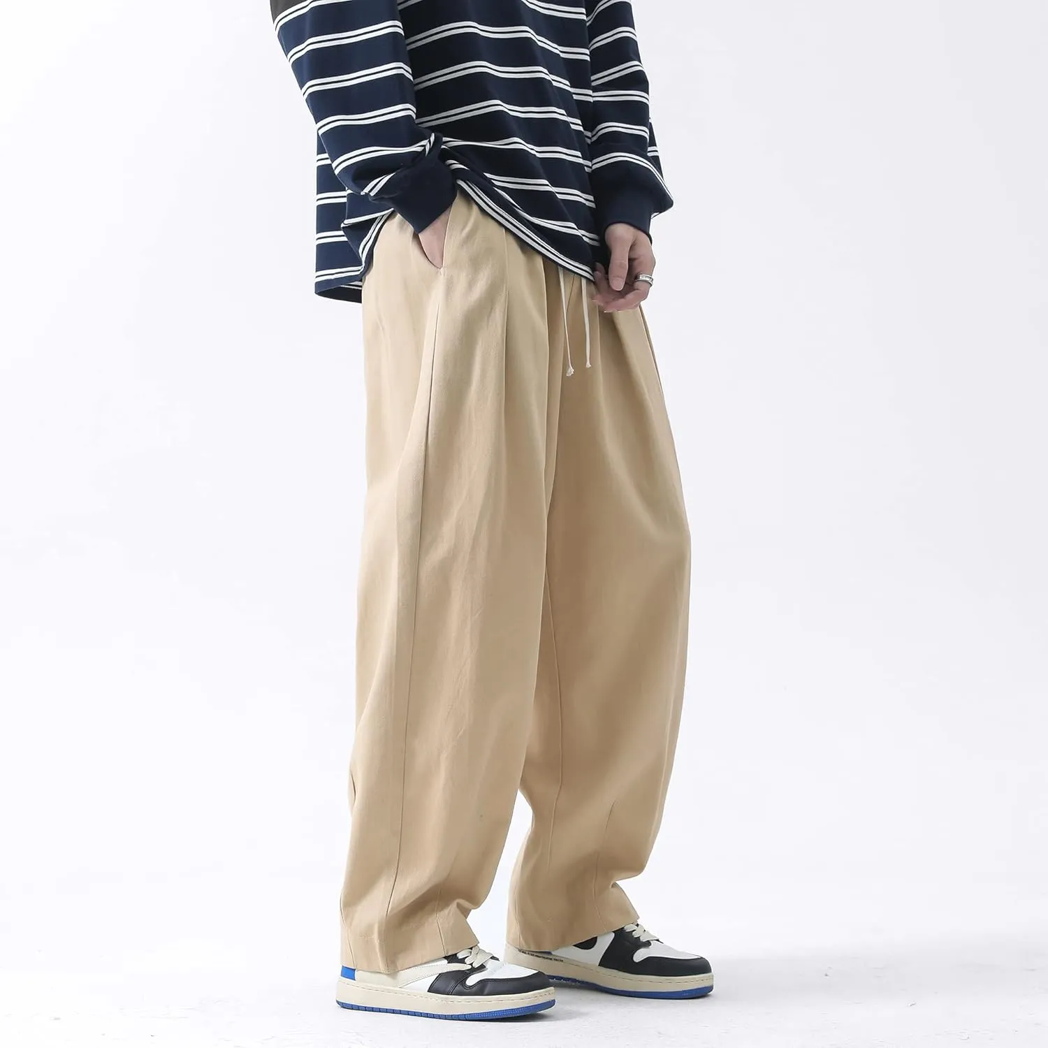 PRIJOUHE Men's Baggy Cargo Pants Casual Loose Fit Wide Leg Pants with Elastic Drawstring Waist