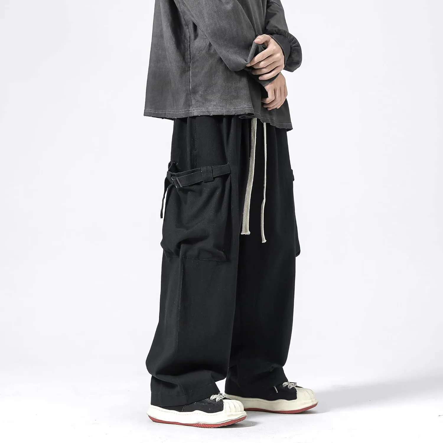 PRIJOUHE Men's Baggy Cargo Pants Casual Loose Fit Wide Leg Pants with Elastic Drawstring Waist