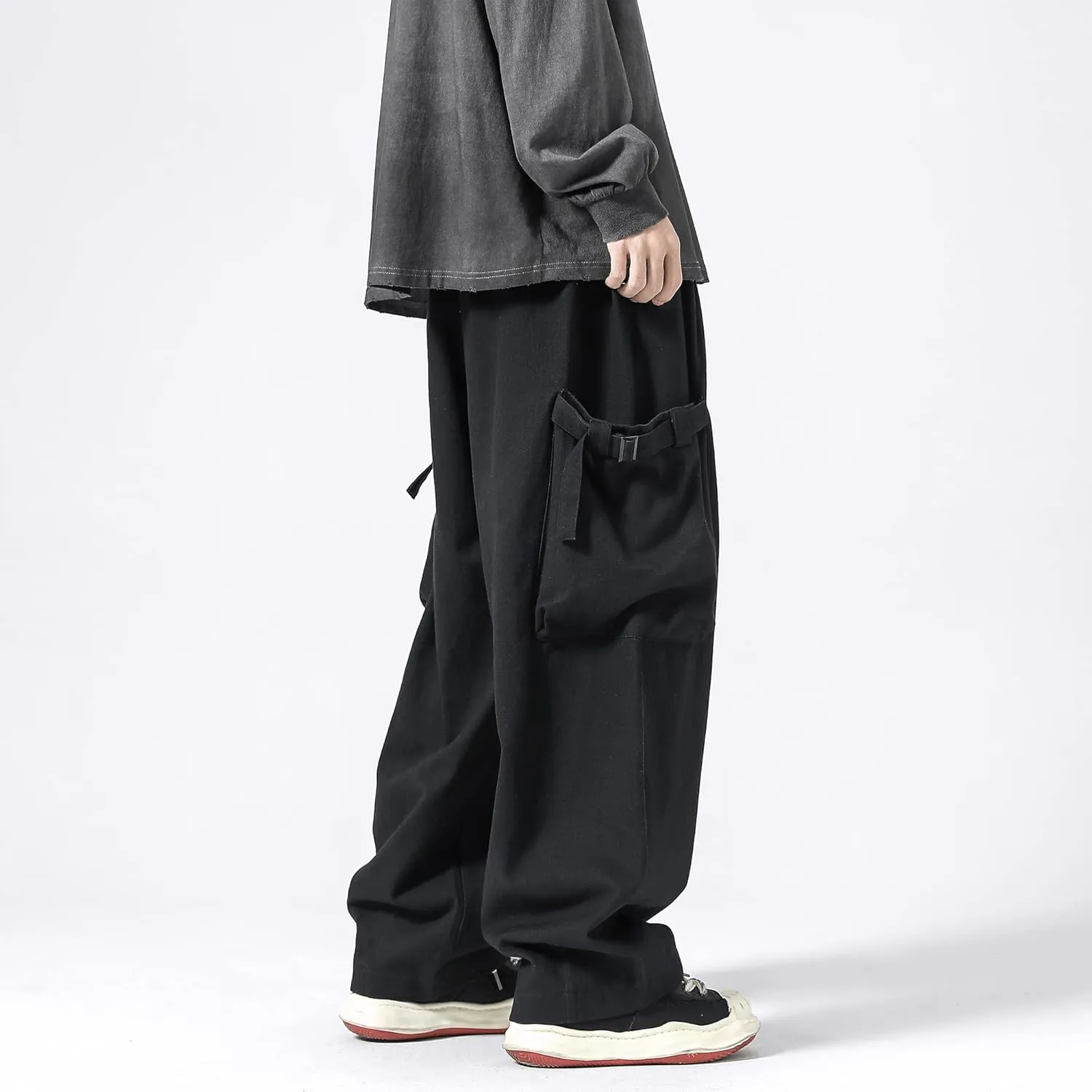 PRIJOUHE Men's Baggy Cargo Pants Casual Loose Fit Wide Leg Pants with Elastic Drawstring Waist