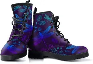 Purples and Blues Dragonfly Memory Foam Boots | All Season Lace Up Boots | Vegan Leather Combat Boot