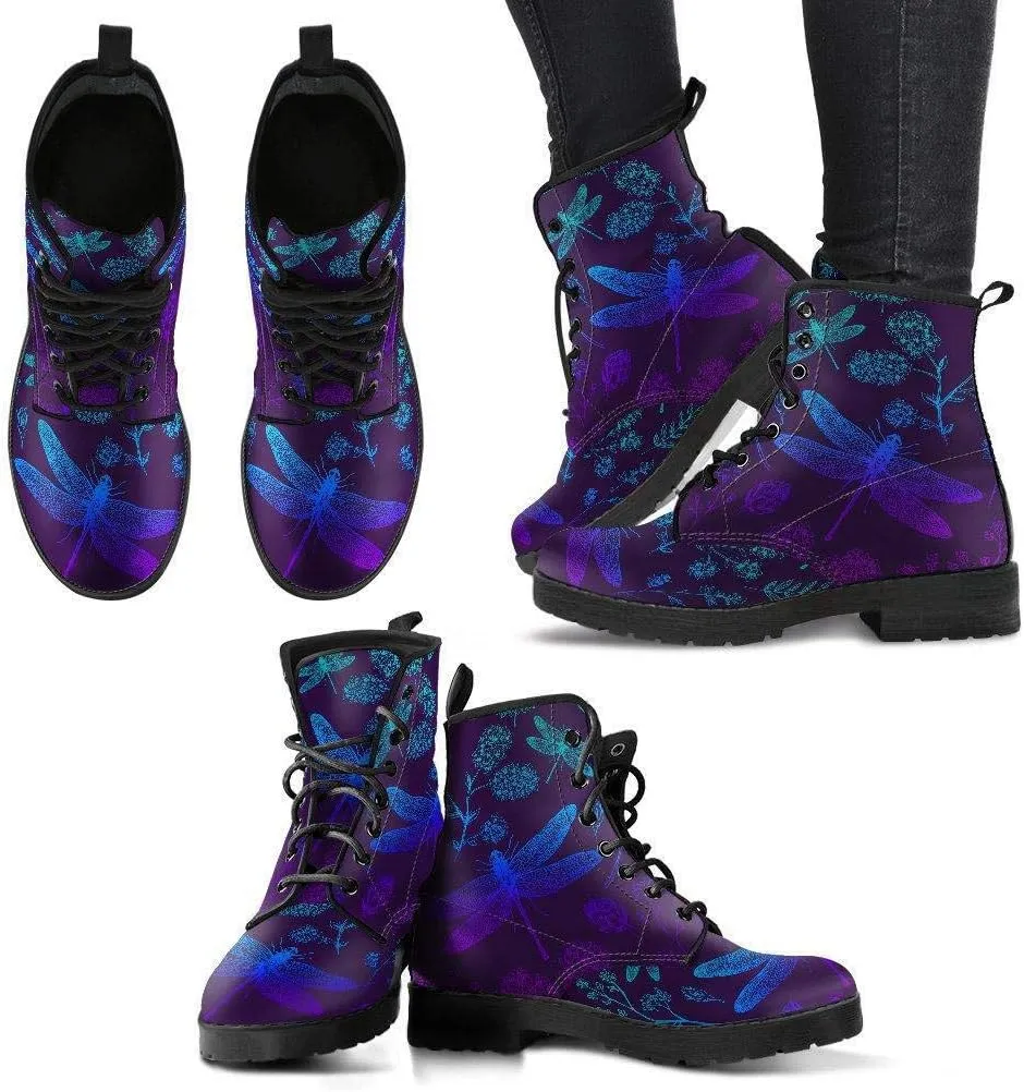 Purples and Blues Dragonfly Memory Foam Boots | All Season Lace Up Boots | Vegan Leather Combat Boot