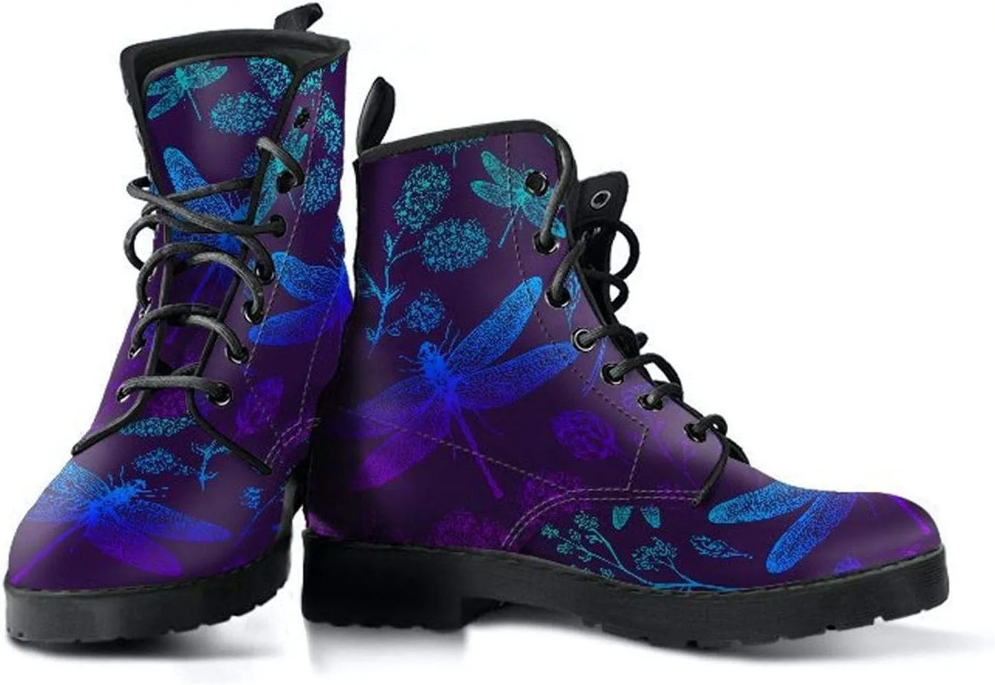 Purples and Blues Dragonfly Memory Foam Boots | All Season Lace Up Boots | Vegan Leather Combat Boot