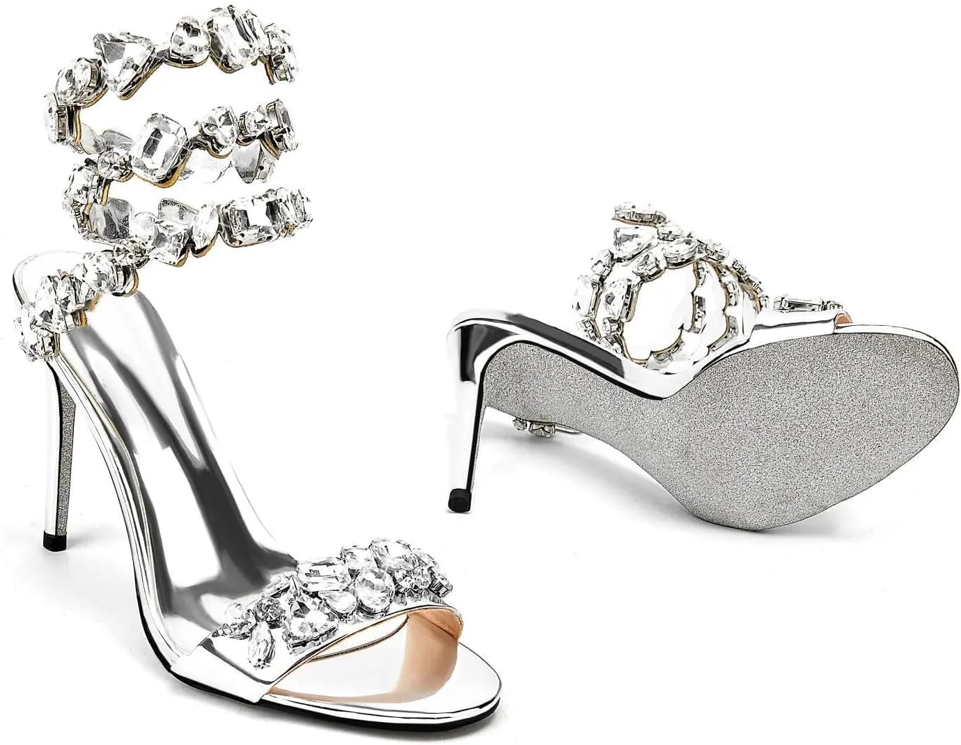 Rhinestone Spiral Coil Wrap Around Stiletto Heels for Women,Women's Sexy Fashion Open Round Toe Diamonds Slingback High Heels Kitten Heel Sandals Party Wedding Bridal Pumps Sandals Shoe