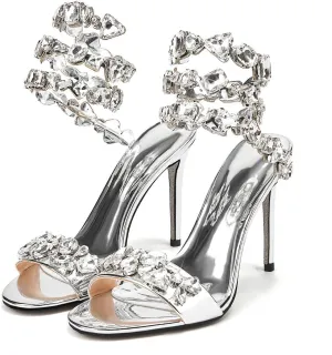 Rhinestone Spiral Coil Wrap Around Stiletto Heels for Women,Women's Sexy Fashion Open Round Toe Diamonds Slingback High Heels Kitten Heel Sandals Party Wedding Bridal Pumps Sandals Shoe