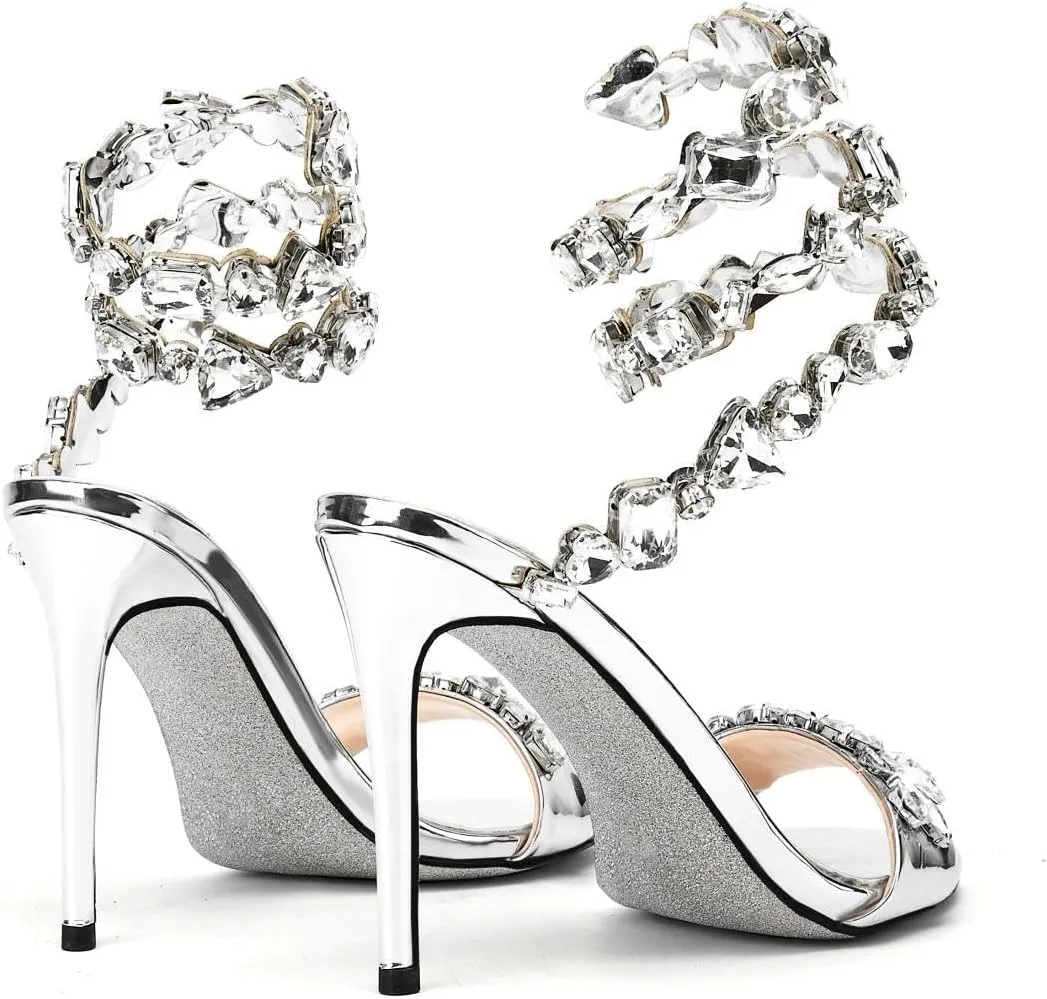Rhinestone Spiral Coil Wrap Around Stiletto Heels for Women,Women's Sexy Fashion Open Round Toe Diamonds Slingback High Heels Kitten Heel Sandals Party Wedding Bridal Pumps Sandals Shoe