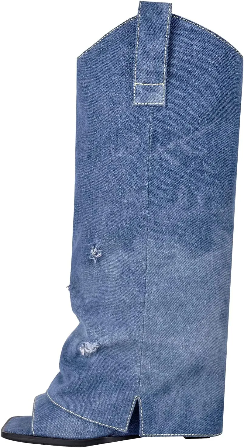 richealnini Sexy Square Peep Toe Sandals Fold Over Denim Heeled Sandals for Women Fashion Street Trends Party Dress