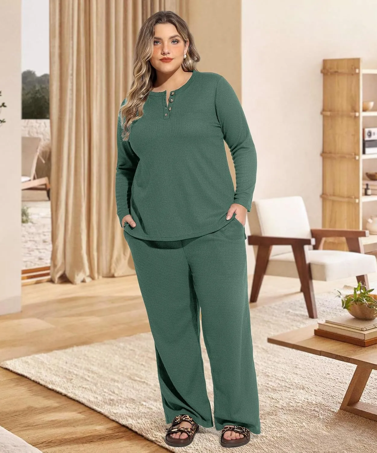 RITERA Plus Size Women 2 Piece Outfits Lounge Sets Knit Waffle Pullover Tops Wide Leg Pants Sweatsuit Pajama Sets XL-5XL
