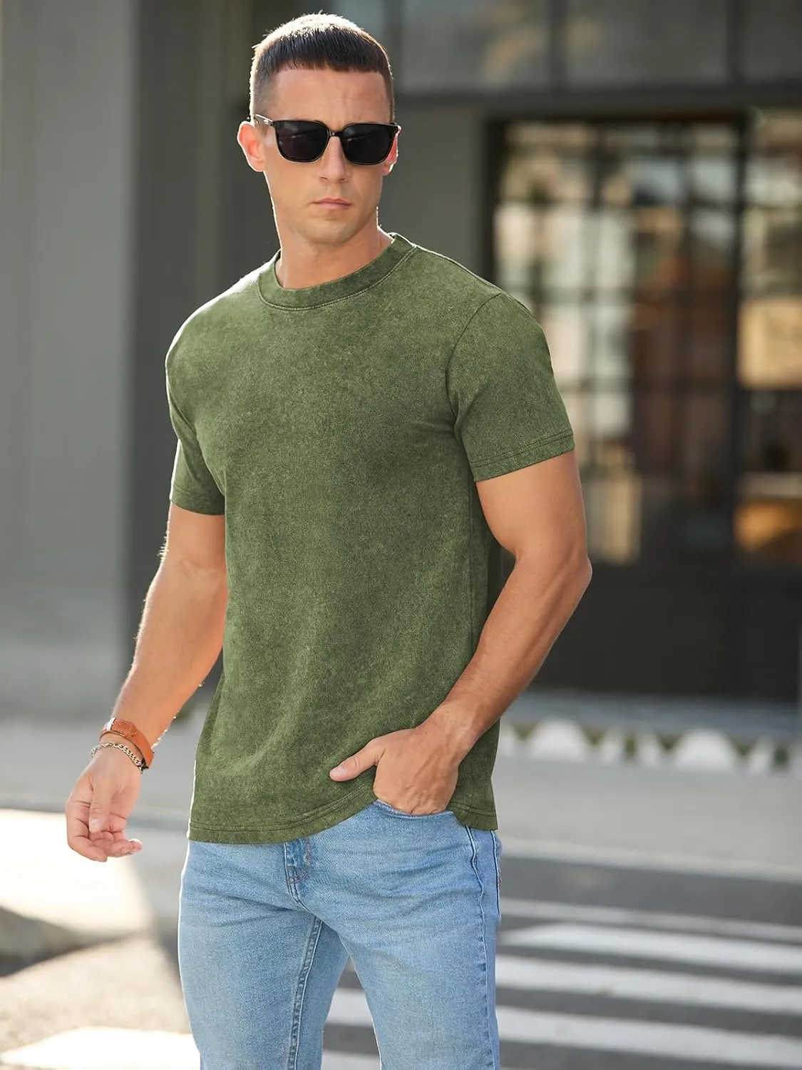 RQP Men's Cotton Shirts Vintage Washed Shirt Relaxed Fit Distressed Casual Short Sleeve for Streetwear & Daily Outfits