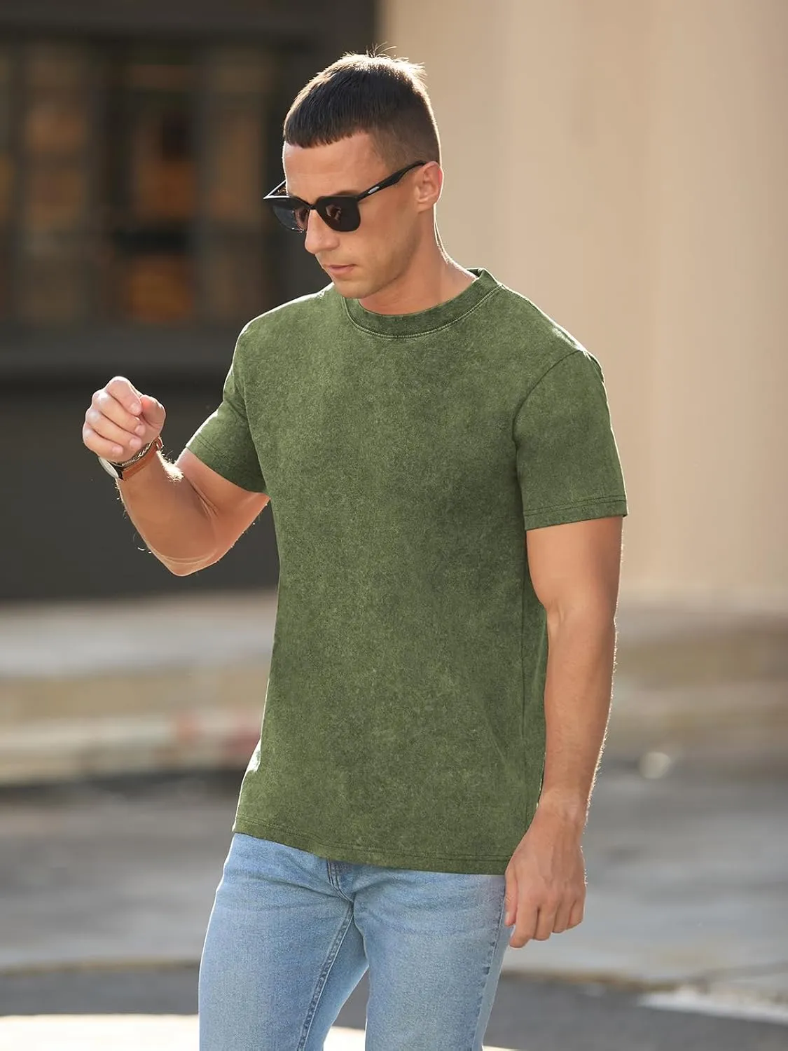 RQP Men's Cotton Shirts Vintage Washed Shirt Relaxed Fit Distressed Casual Short Sleeve for Streetwear & Daily Outfits