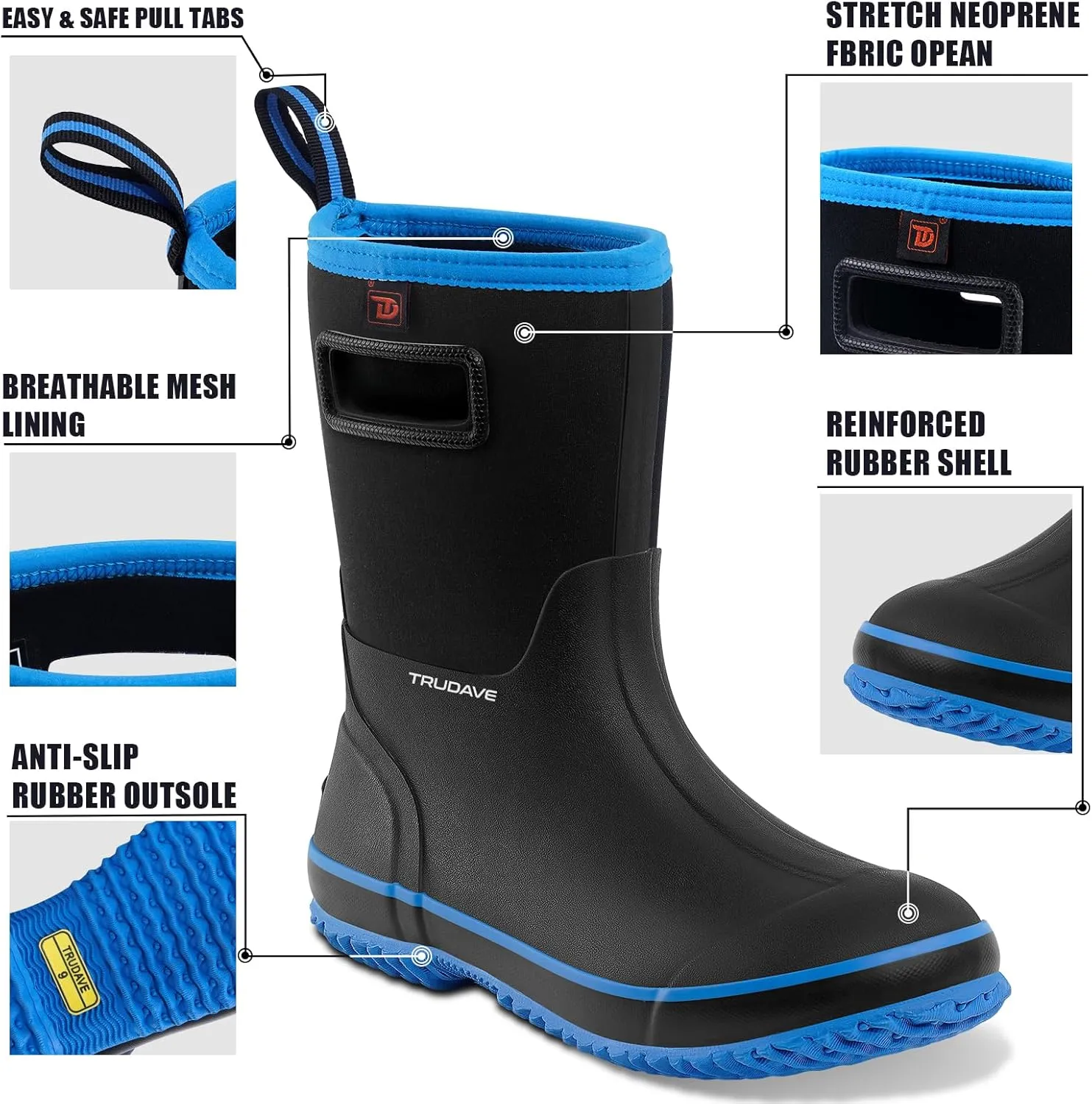 Rubber Boots for Men, Warm 4.5mm Neoprene Waterproof Insulated Rain Boots, Mid Calf All-Season Mud Boots for Outdoor Work Hunting (Size 6-13)