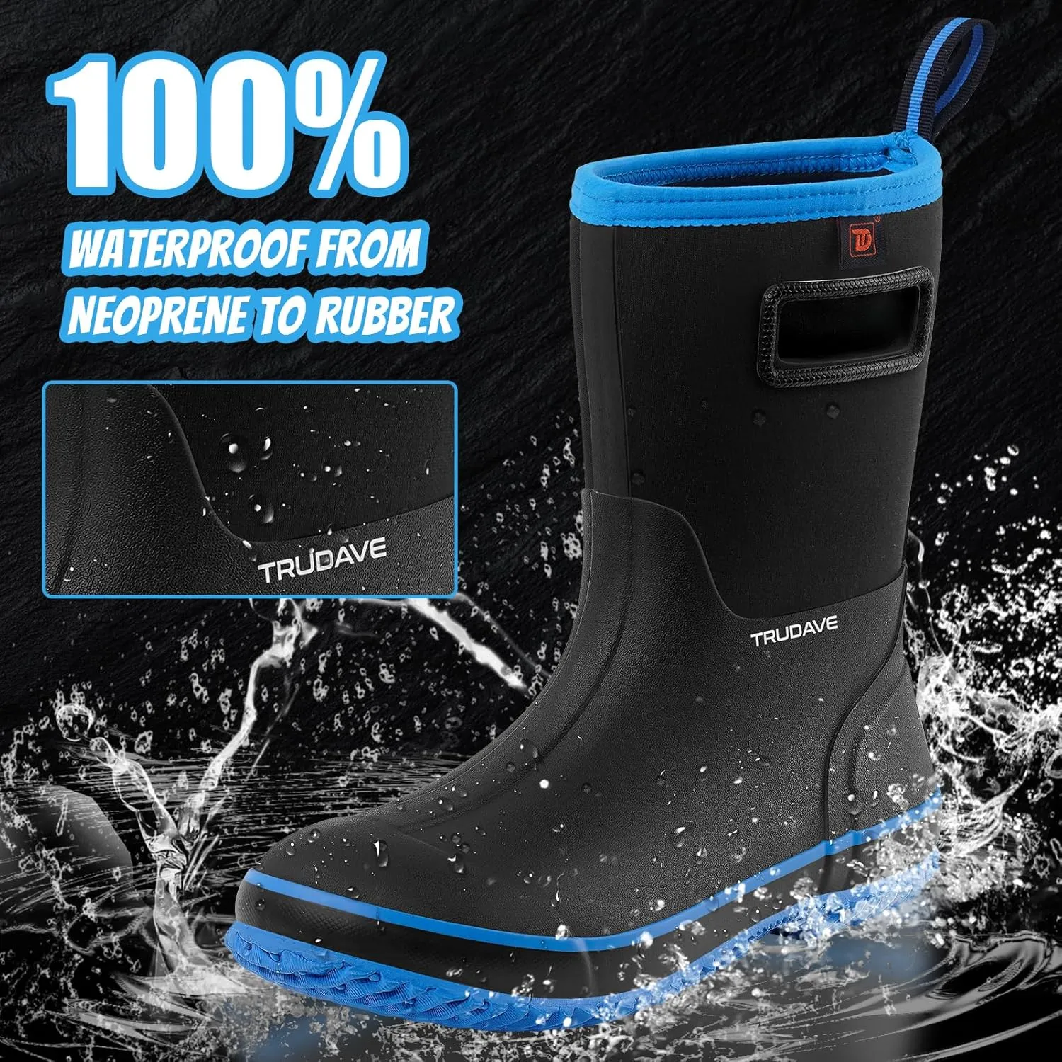 Rubber Boots for Men, Warm 4.5mm Neoprene Waterproof Insulated Rain Boots, Mid Calf All-Season Mud Boots for Outdoor Work Hunting (Size 6-13)