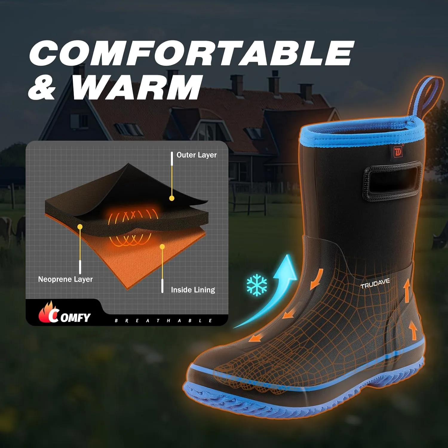 Rubber Boots for Men, Warm 4.5mm Neoprene Waterproof Insulated Rain Boots, Mid Calf All-Season Mud Boots for Outdoor Work Hunting (Size 6-13)
