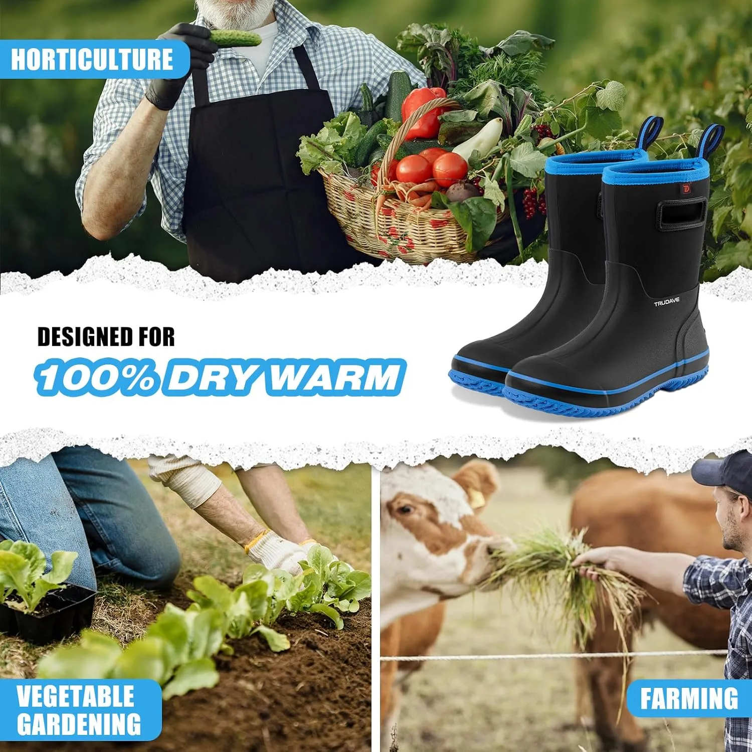 Rubber Boots for Men, Warm 4.5mm Neoprene Waterproof Insulated Rain Boots, Mid Calf All-Season Mud Boots for Outdoor Work Hunting (Size 6-13)
