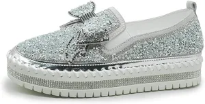 SACFOF Women's Fashion Glitter Slip On Sneakers Rhinestone Bling Platform Walking Shoes Cute Bowknot Sequin Shiny Loafers