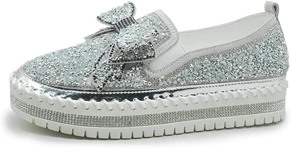 SACFOF Women's Fashion Glitter Slip On Sneakers Rhinestone Bling Platform Walking Shoes Cute Bowknot Sequin Shiny Loafers