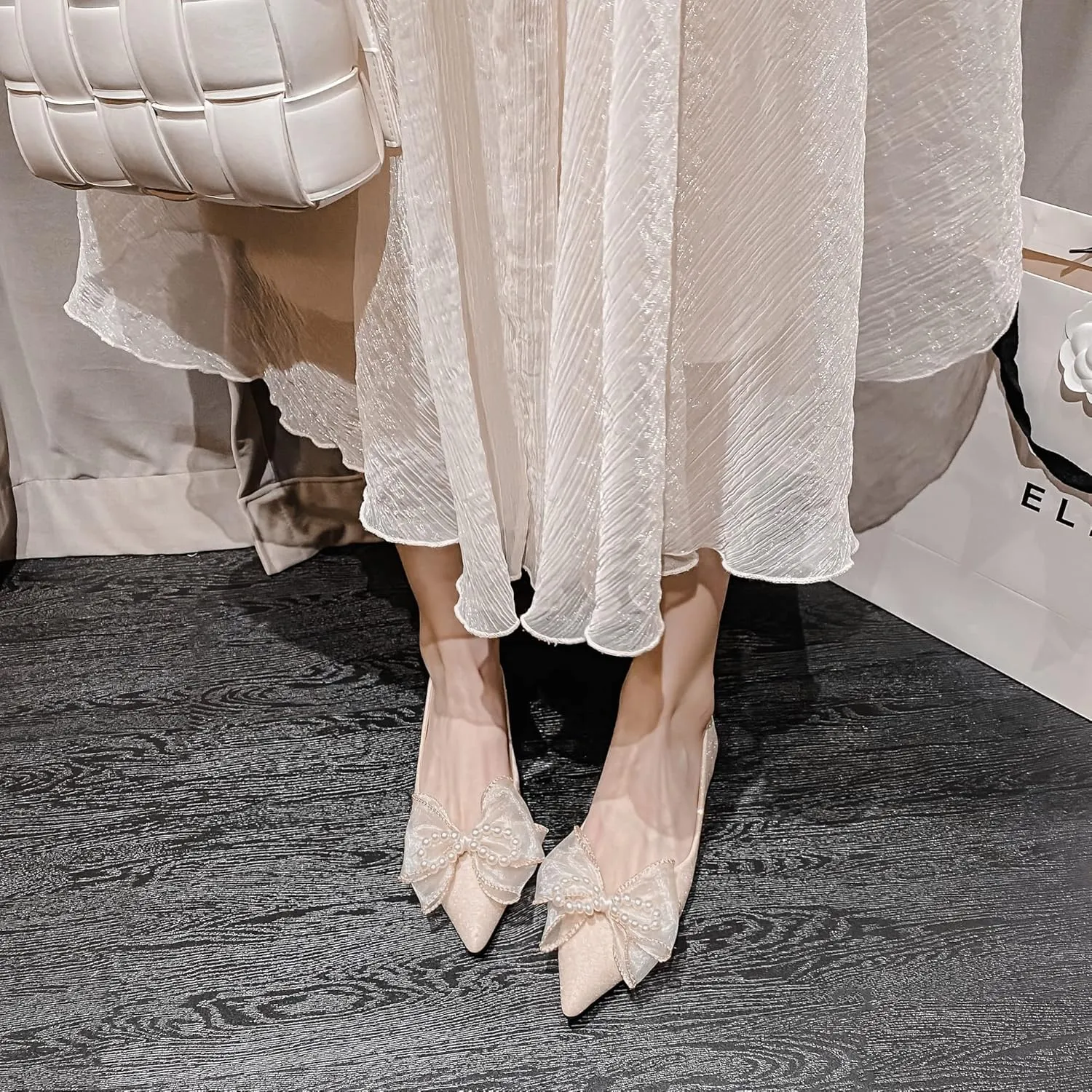 SAILING LU Sparkly Dressy Flats for Women Pointed Toe Crystals Bridal Wedding Shoes Bow-Knot Comfortable Loafers Slip-ons Black Nude