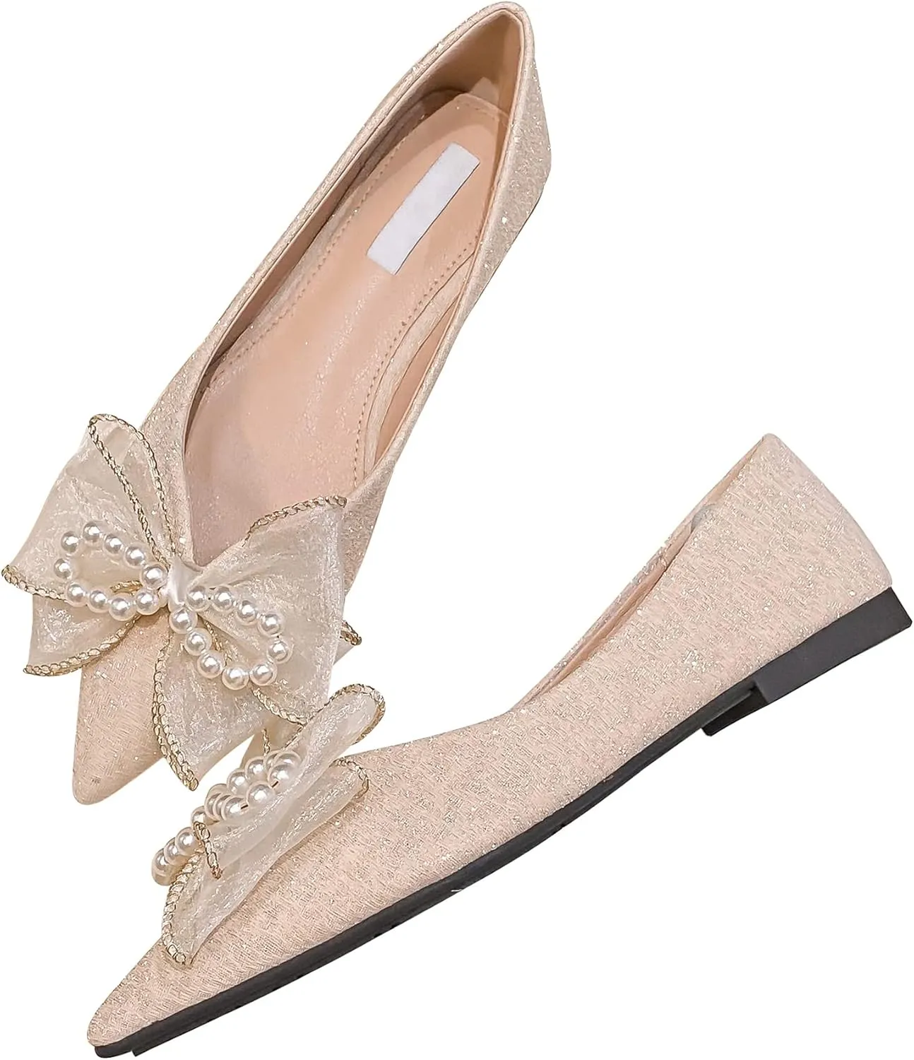 SAILING LU Sparkly Dressy Flats for Women Pointed Toe Crystals Bridal Wedding Shoes Bow-Knot Comfortable Loafers Slip-ons Black Nude