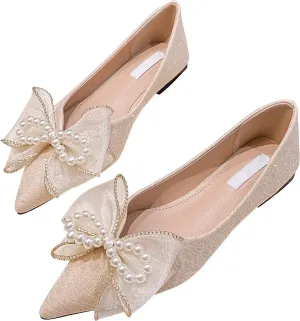 SAILING LU Sparkly Dressy Flats for Women Pointed Toe Crystals Bridal Wedding Shoes Bow-Knot Comfortable Loafers Slip-ons Black Nude