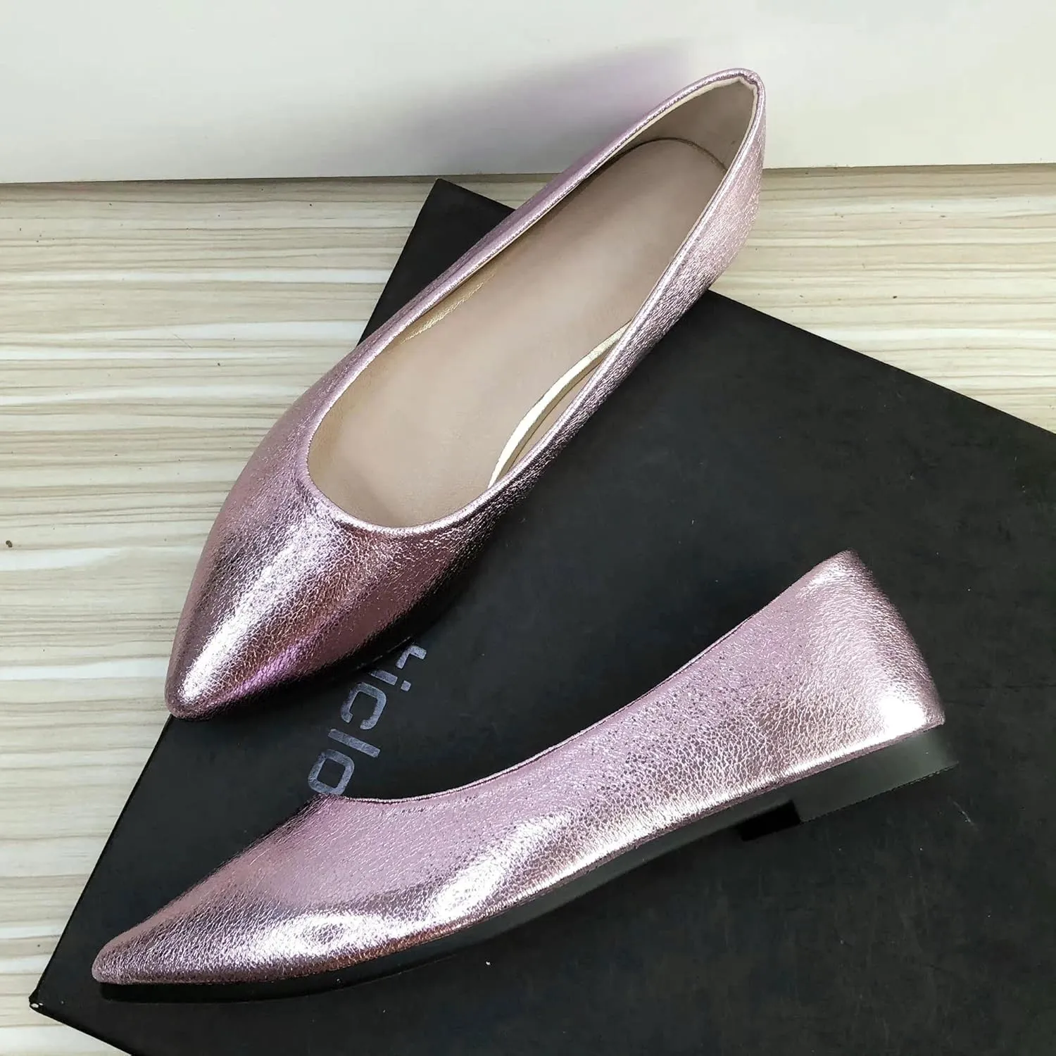 SAILING LU Women's Ballet Flats Black PU Leather Dress Shoes Rhinestone Wedding Glitter Comfortable Pointed Toe Slip on Loafers