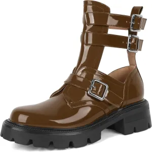SAMMITOP Women Lug Sole Low Heel Ankle Boots Fashion Round Toe Cutout Combat Boots Metal Buckle Goth Ankle Booties 2 Inch