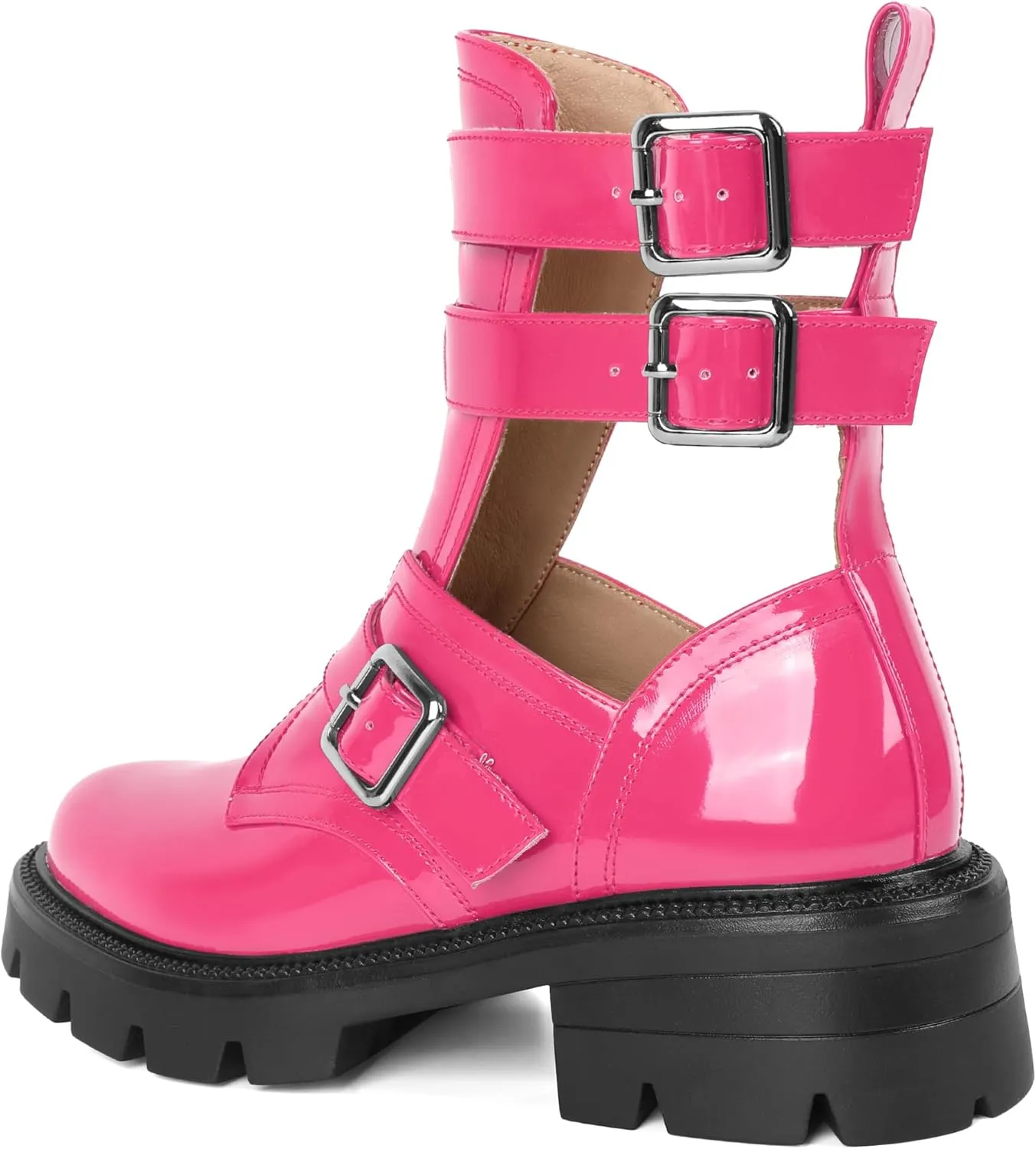 SAMMITOP Women Lug Sole Low Heel Ankle Boots Fashion Round Toe Cutout Combat Boots Metal Buckle Goth Ankle Booties 2 Inch