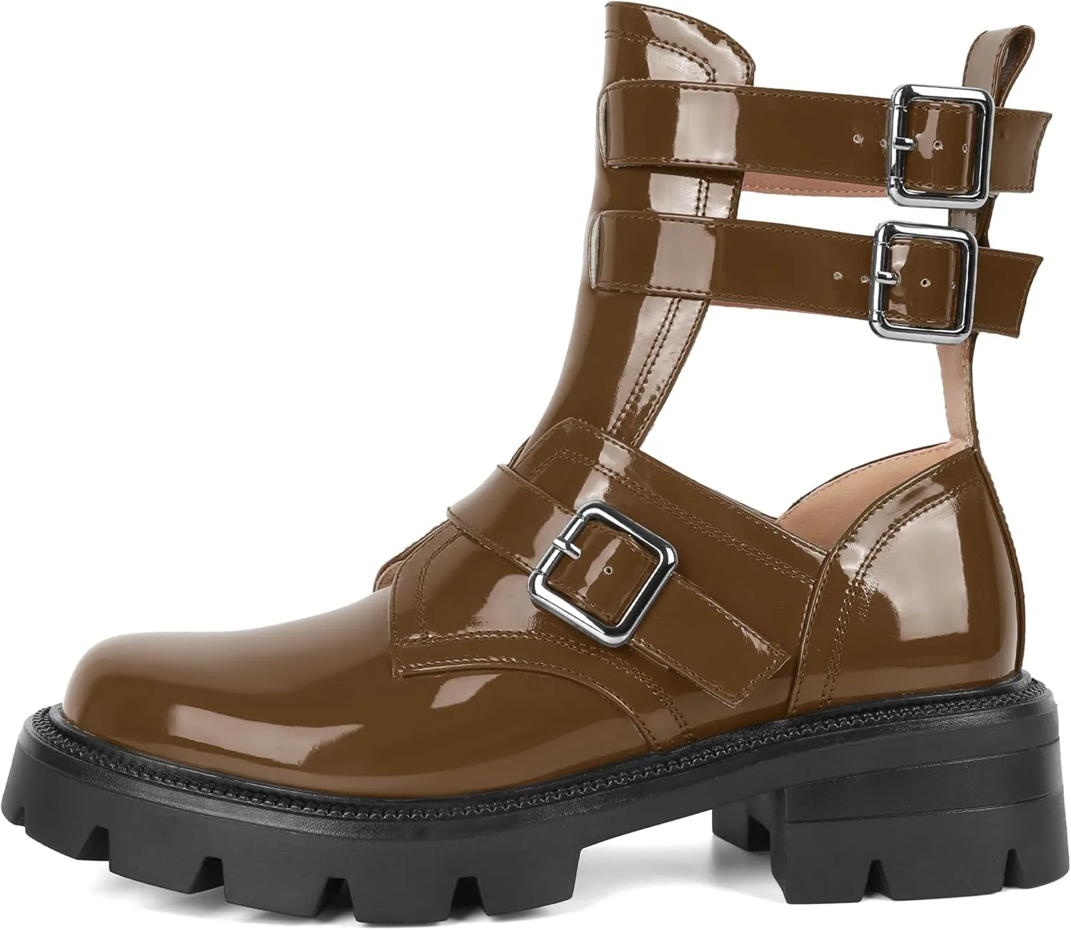 SAMMITOP Women Lug Sole Low Heel Ankle Boots Fashion Round Toe Cutout Combat Boots Metal Buckle Goth Ankle Booties 2 Inch