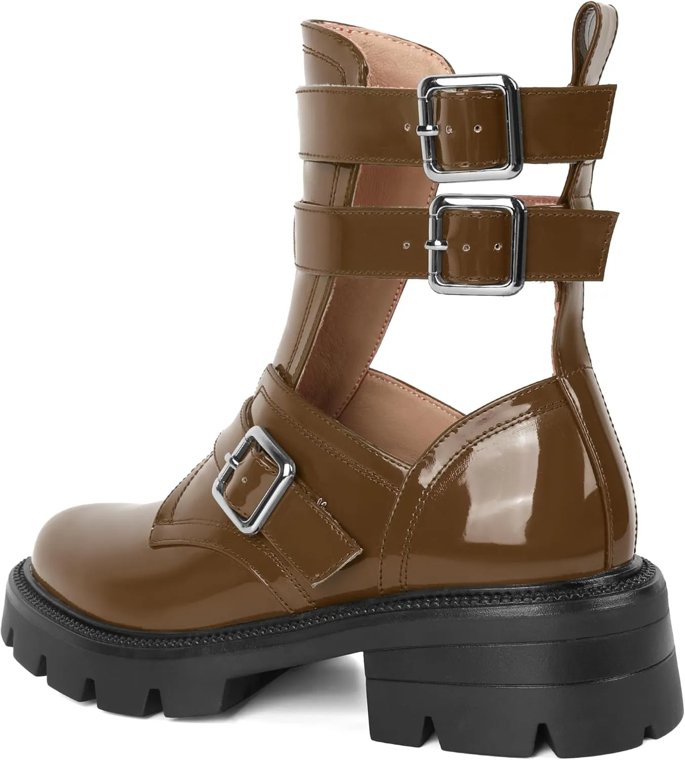 SAMMITOP Women Lug Sole Low Heel Ankle Boots Fashion Round Toe Cutout Combat Boots Metal Buckle Goth Ankle Booties 2 Inch