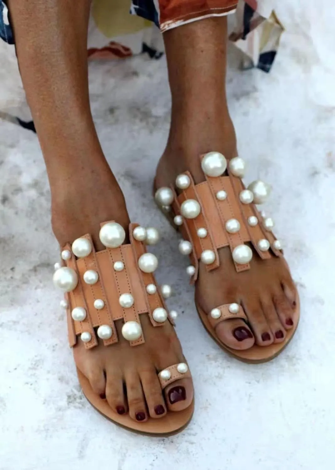 Sandals for Women Casual Summer Crystal Pearl Open Toe Sandals Shoes Bohemian Beach Sandals,Cute Flat Sandals for Summer