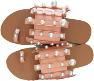 Sandals for Women Casual Summer Crystal Pearl Open Toe Sandals Shoes Bohemian Beach Sandals,Cute Flat Sandals for Summer