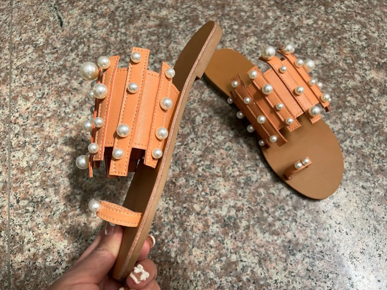Sandals for Women Casual Summer Crystal Pearl Open Toe Sandals Shoes Bohemian Beach Sandals,Cute Flat Sandals for Summer