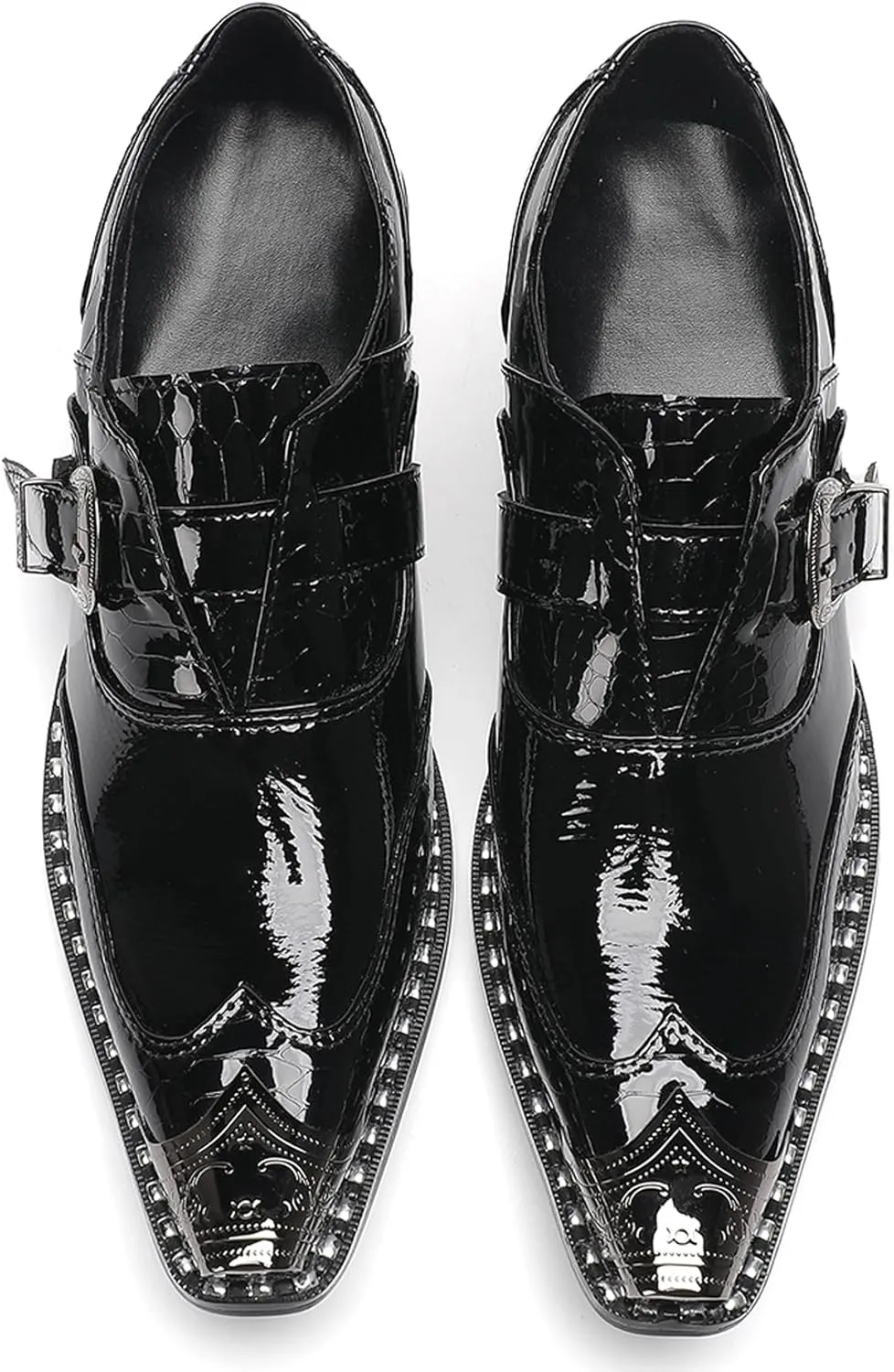 Santimon Men's Black Glossy Leather Dress Shoes with Buckle Detail – Stylish Metal Pointed Toe Casual Loafers for Weddings, Business, and Evening Events